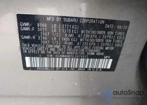 2020 Subaru Ascent Limited z USA, uszkodzony, nr VIN 4S4WMAMD5L3474932